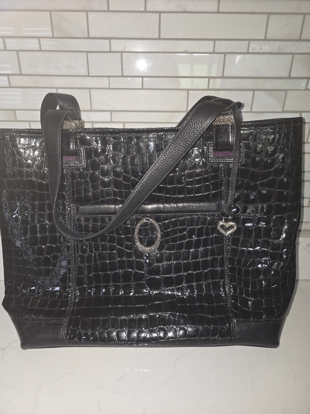 Black Croc-Embossed Brightin Laptop Tote Bag with Heart Charm